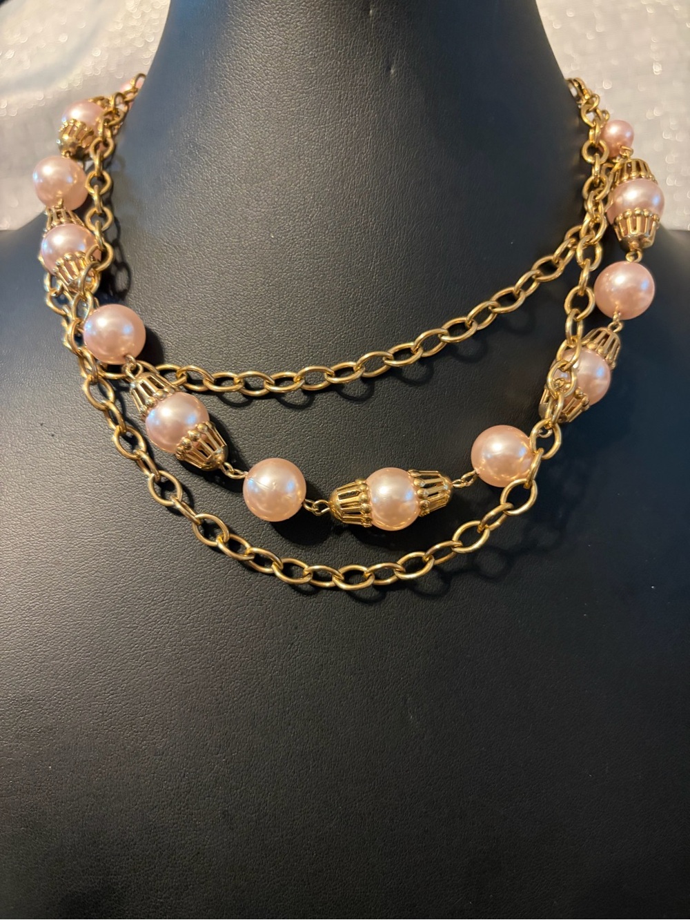 Vintage Gold-Tone Necklace with Faux-Pink Pearl Beads